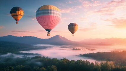 Obraz premium Multicolored balloons flying over misty mountains at sunset. Colorful hot air balloons on blue sky with clouds. Cinematic. Generated AI.