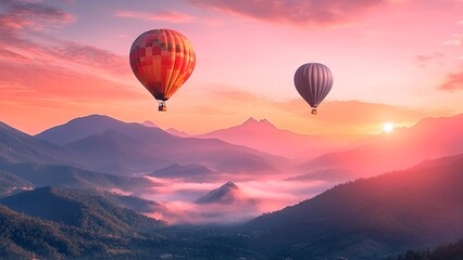 Fototapeta premium Multicolored balloons flying over misty mountains at sunset. Colorful hot air balloons on blue sky with clouds. Cinematic. Generated AI.