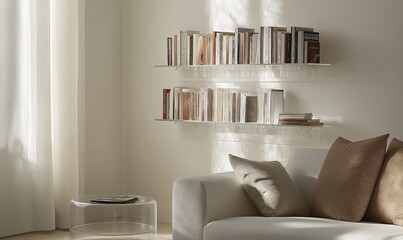 Contemporary clear acrylic bookrack elegantly suspended, creating a stunning floating illusion for modern interior decor
