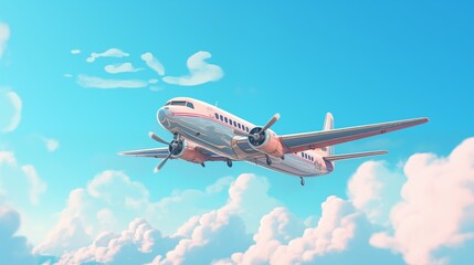 Obraz premium A plane flying across the sky, left empty space, pastel blue background,generative ai illustration