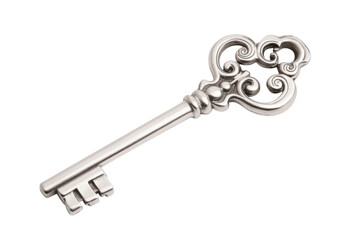 Silver key with a flower design on it, isolated
