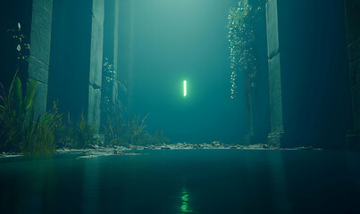 Fototapeta premium Enigmatic submerged ruins, overgrown with vegetation, illuminated by an ethereal green light. A mysterious and atmospheric scene.
