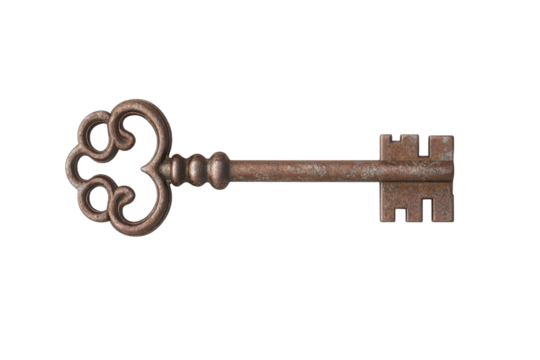 Rusty old key with a heart on it, isolated