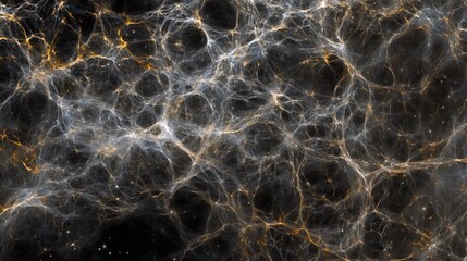 Massive cosmic web structure resembling ancient quipu, glowing filaments against dark void, vast universe concept
