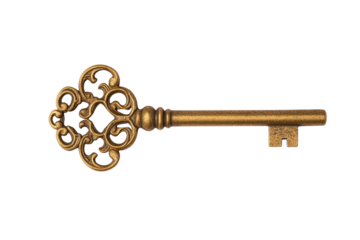 Gold key with a flower design on it, isolated