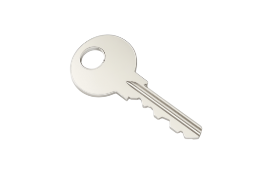 Silver key is shown on a white background, isolated