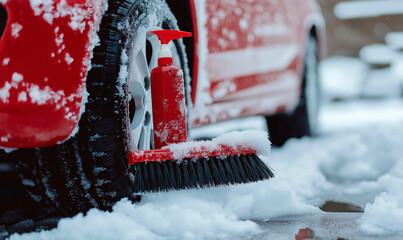 Winter car care kit with de-icing spray and brush ensures vehicle maintenance in cold weather