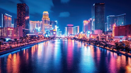 Fototapeta premium Vibrant cityscape at night, reflecting in calm water.