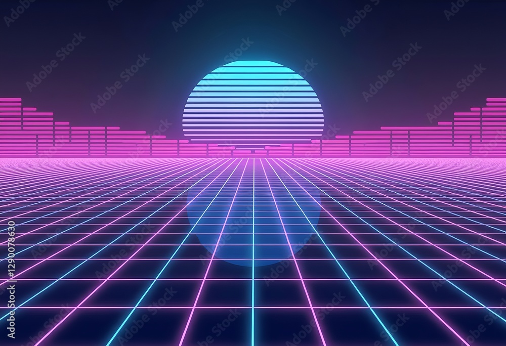 Poster retro synthwave gridscape: minimalist blue and purple background with horizontal synthwave grid line