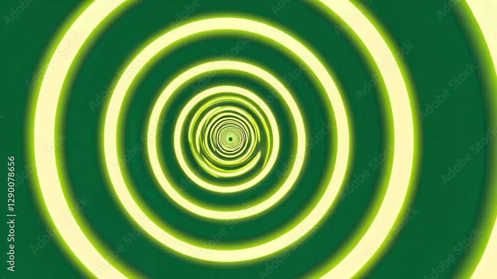 Poster vibrant green and yellow concentric circles expanding dynamically, creating mesmerizing geometric tu