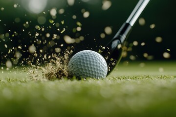 Golf club strikes ball on lush green course, showcasing precision and power. Perfecting your swing for ultimate golfing success.