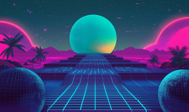 Futuristic abstract design merging blue, green, and pink hues with dynamic digital artistry and innovation