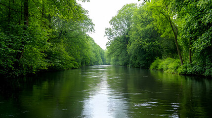 Fototapeta premium Serene Canal Scene With Lush Green Trees
