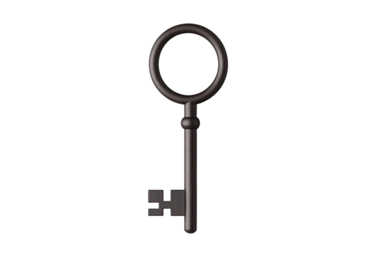 Key with a black handle and a silver circle, isolated