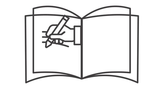 Writing icon based animation, pen in hands writing something on book like monochrome icon animated clip in 4k quality 