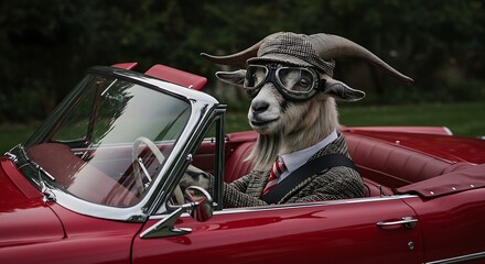 Goat Driving Red Convertible Car Wearing Hat and Goggles Portrait