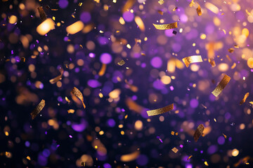 A dazzling cascade of purple and gold confetti falls against a dark backdrop, radiating festivity and sophistication, ideal for award ceremonies, celebrations, or glamorous events.