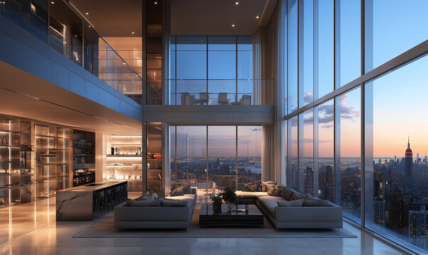 Luxurious penthouse with floor-to-ceiling windows offering breathtaking panoramic city views creates inspiring modern urban retreat