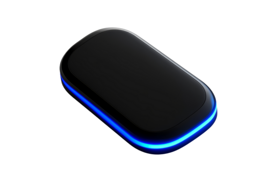 Black and blue device with a blue light on it, isolated