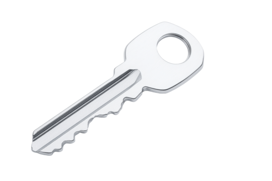 Silver key with a hole in the middle, isolated