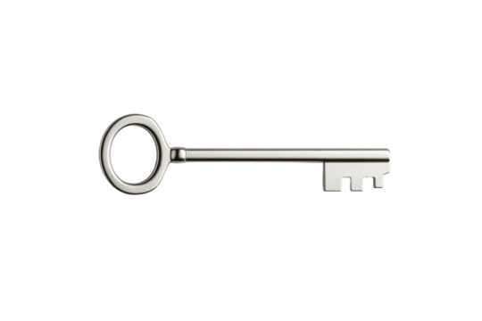 Silver key with a round hole in the middle, isolated