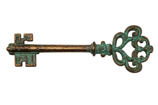 Key with a gold and green design, isolated