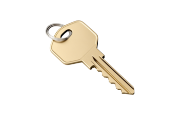 Gold key with a silver chain hanging from it, isolated