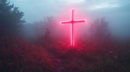 Fototapeta premium neon art in dreamy landscapes cross of jesus christ in the morning fog