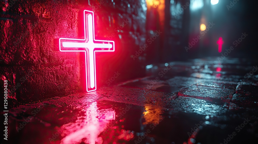 Aufkleber neon christian cross on black background 3d rendering
