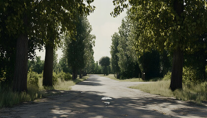 Fototapeta premium Serene country road lined with lush green trees on a sunny day, leading to a peaceful horizon. Perfect for travel, nature, and tranquility themes.