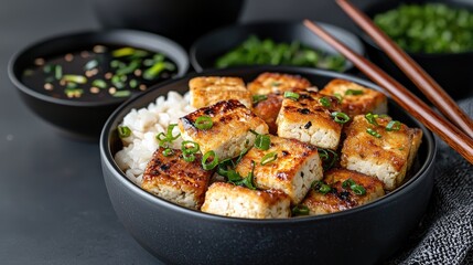 Fototapeta premium Pan-fried tofu rice bowl with soy sauce, spring onions