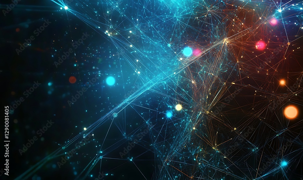 Poster futuristic digital network visualization with glowing nodes and lines, representing data connections