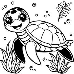 a black and white line drawing of a Cute turtle coloring pages for kids