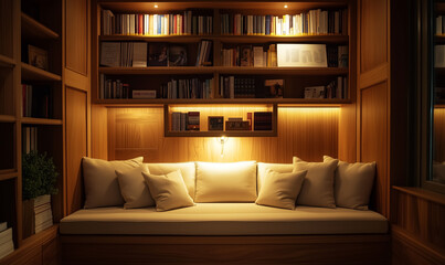 Cozy reading nook with soft cream cushions and wooden accents, creating a perfect spot for relaxation