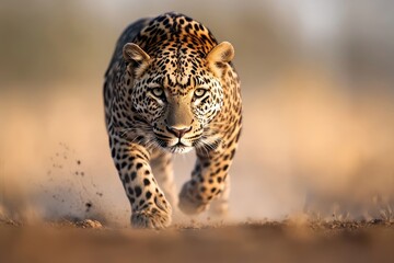Fototapeta premium Leopard is running through the desert