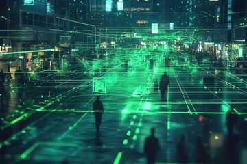 cybersecurity grid with pulsing green scan lines sweeping a crowded marketplace, holographic alerts flaring, dark interface, symbolizing vigilance and protection, sleek and tense.