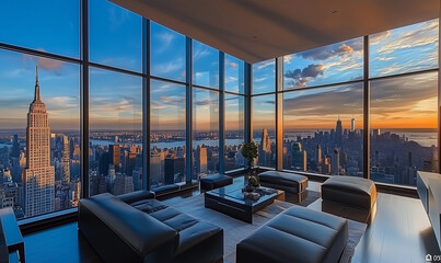 Contemporary penthouse with panoramic glass wall offering breathtaking urban views and modern luxurious living spaces