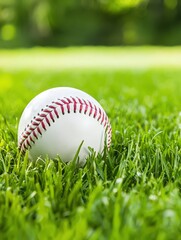 A well-worn baseball resting on a lush green grass field with clear blue skies in the background evoking sports nostalgia