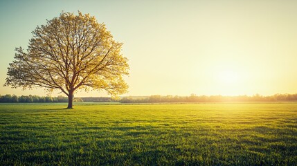 Obraz premium Solitary Tree in a Lush Green Field at Sunset