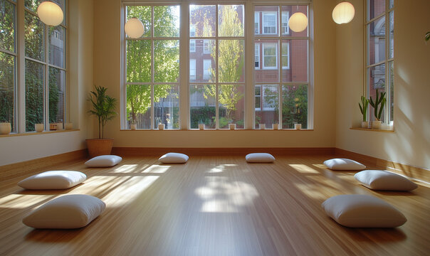 Serene yoga studio with natural wood floors and large windows promoting mindfulness and balanced energy