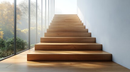 Modern wooden staircase with forest view