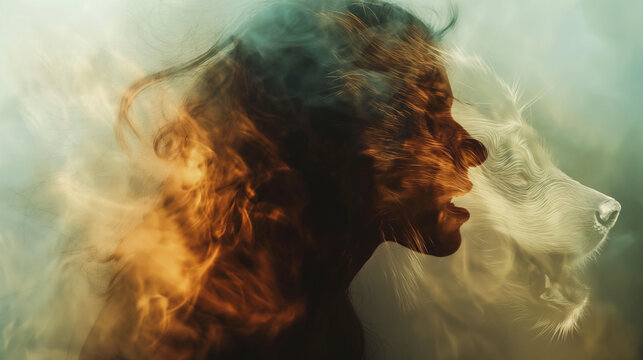 Woman morphing into a wolf in smoky double exposure.