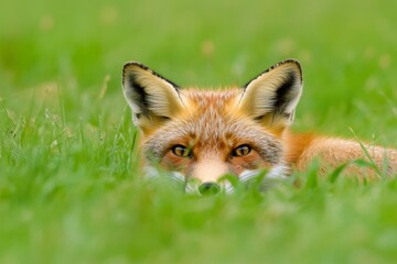 Fox is laying in the grass, looking up at the camera