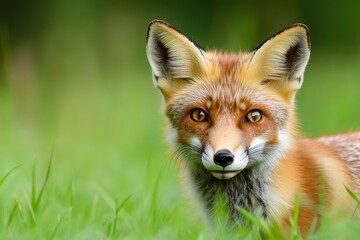 Obraz premium Fox is standing in a green field with its head held high