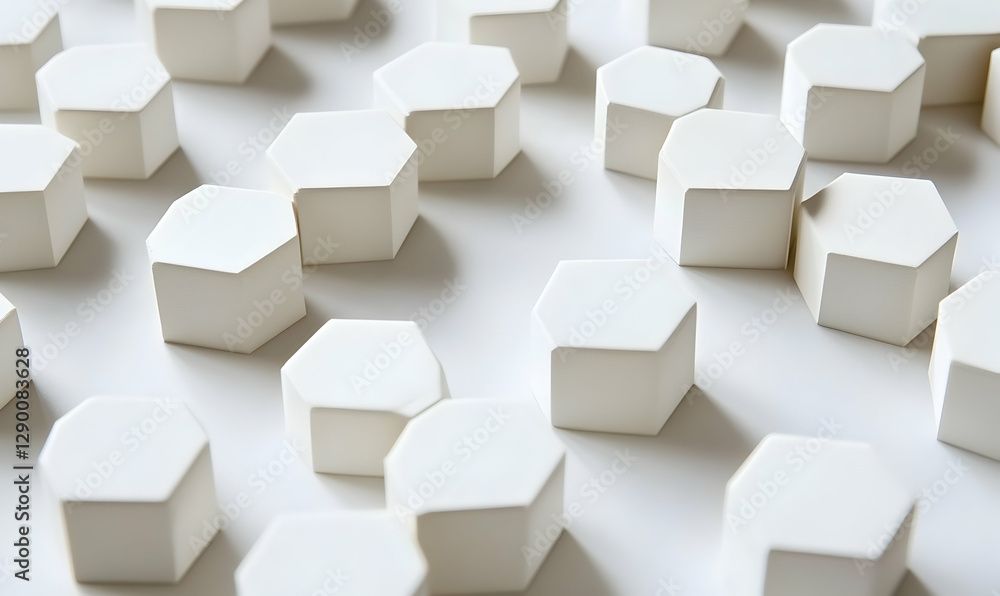 Poster abstract background of scattered white hexagonal shapes, creating a modern and minimalist design. id