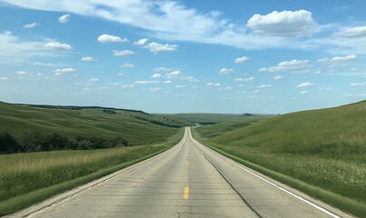 Fototapeta premium Quiet highway stretching into the horizon with rolling landscapes and serene majestic expansive natural views