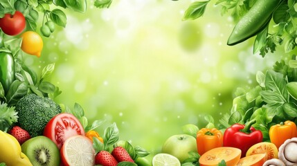 A vibrant display of fresh fruits and vegetables, creating a lively border against a soft green background.