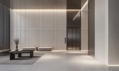 Corporate office elevator with minimalist design, featuring sleek architecture and modern technology for vertical transit
