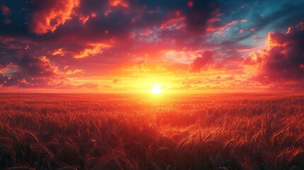 neon text art in dreamy landscapes sunset over a wheat field with the glowing word thankful