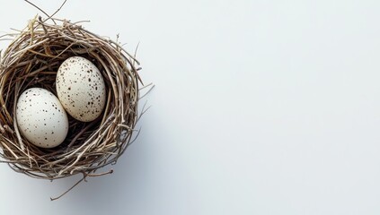 Obraz premium Two speckled eggs in a nest on white background